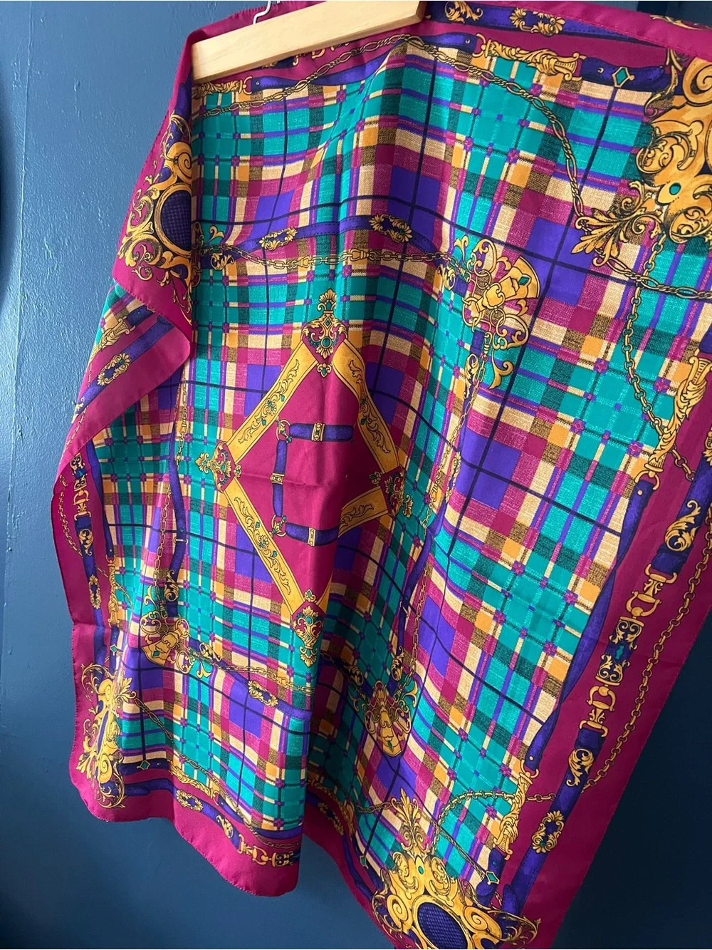 Vintage 80s 90s Italian Baroque Plaid Chain Square Scarf